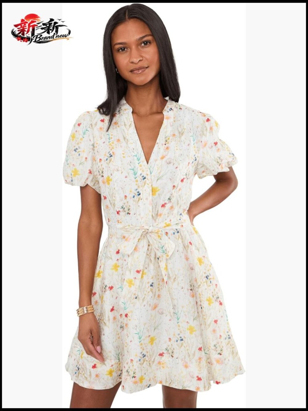 Vince Camuto Puff Sleeve A-Line Belted Mini Dress Floral Casual
